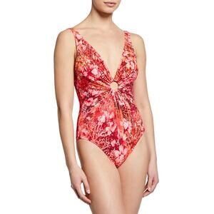 Carmen Marc Valvo Printed Deep V One-Piece Swimsuit, Coral Reef, size 8